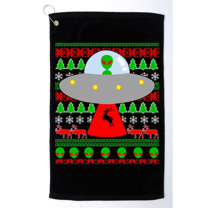 UFO Alien Abducting Reindeer Ugly Christmas Sweater Design Golf Towel
