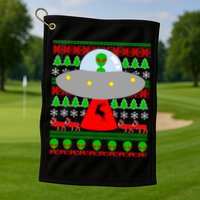 UFO Alien Abducting Reindeer Ugly Christmas Sweater Design Golf Towel