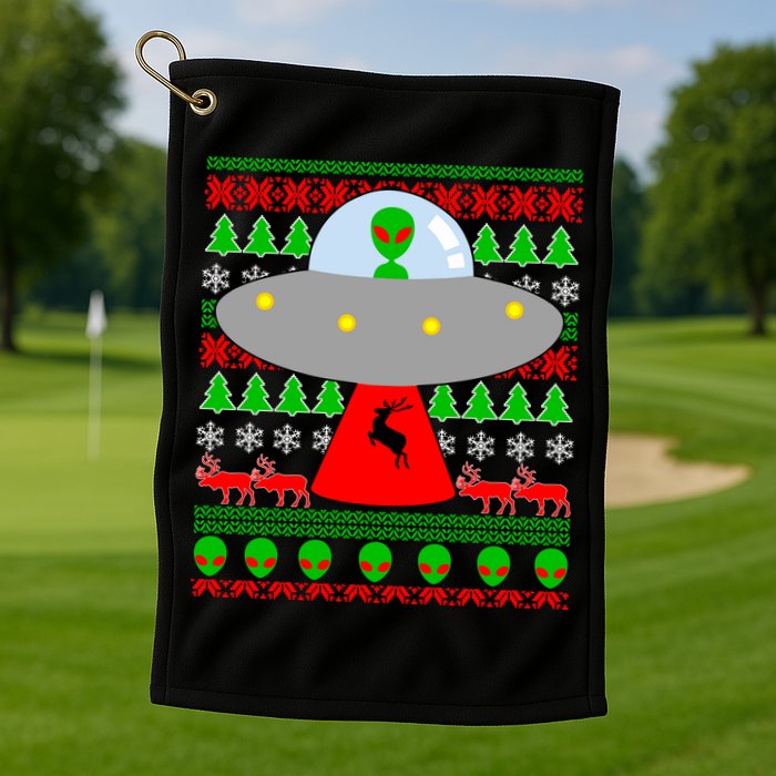 UFO Alien Abducting Reindeer Ugly Christmas Sweater Design Golf Towel