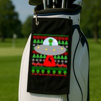 UFO Alien Abducting Reindeer Ugly Christmas Sweater Design Golf Towel