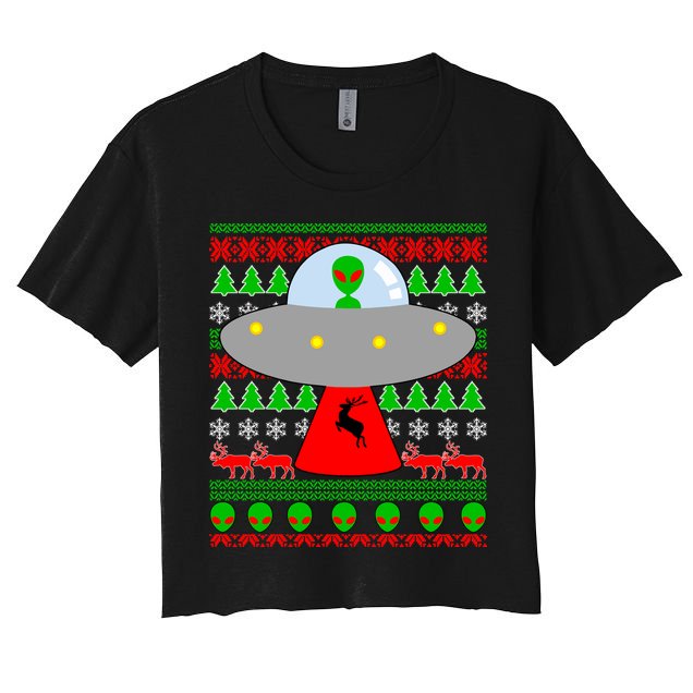 UFO Alien Abducting Reindeer Ugly Christmas Sweater Design Crop Top