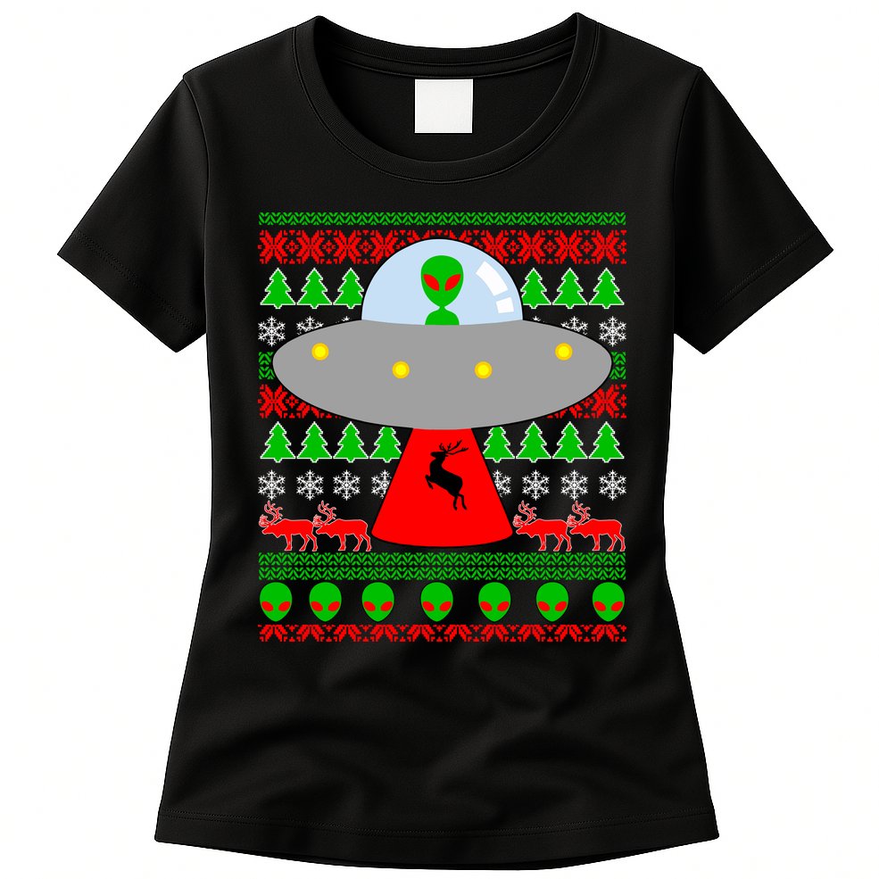 UFO Alien Abducting Reindeer Ugly Christmas Sweater Design Womens T-Shirt