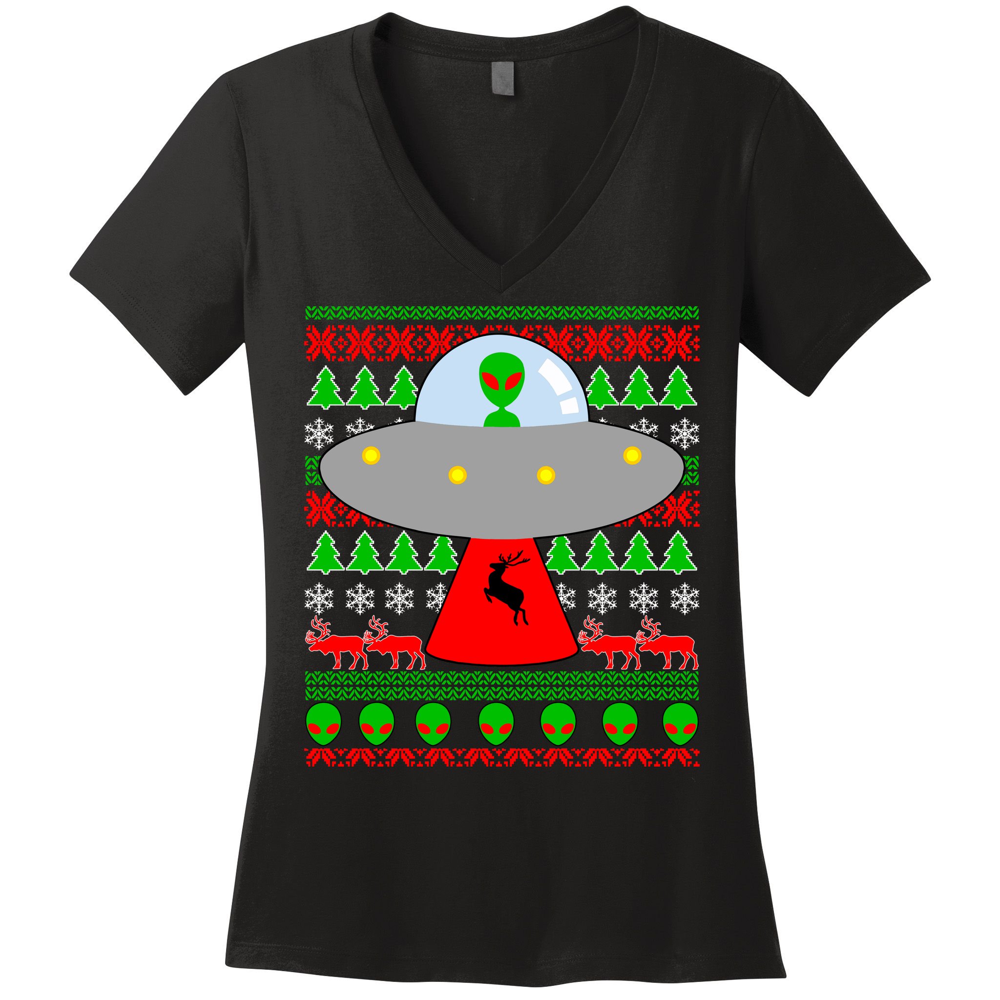 UFO Alien Abducting Reindeer Ugly Christmas Sweater Design Women's V-Neck T-Shirt