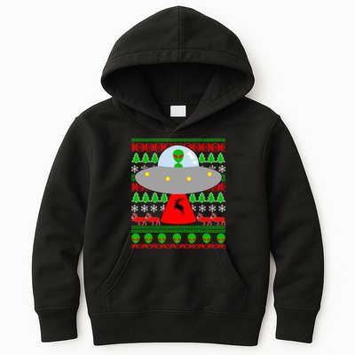 UFO Alien Abducting Reindeer Ugly Christmas Sweater Design Kids Hoodie