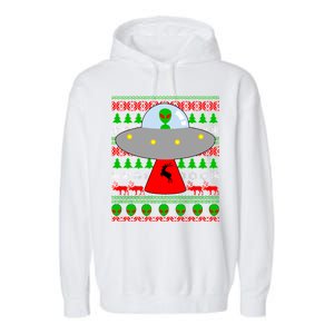 UFO Alien Abducting Reindeer Ugly Christmas Sweater Design Garment-Dyed Fleece Hoodie