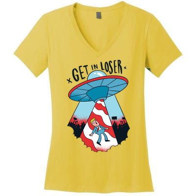 UFO Aliens Abducted Trump Get In Loser Women's V-Neck T-Shirt
