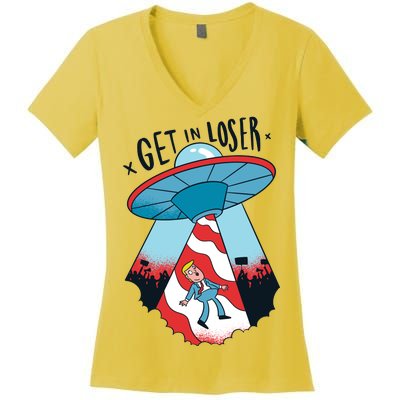 UFO Aliens Abducted Trump Get In Loser Women's V-Neck T-Shirt