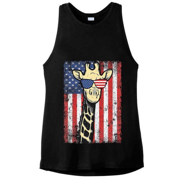 USA Flag Patriotic Giraffe Sunglasses Funny Animal Lover Ladies PosiCharge Tri-Blend Wicking Tank