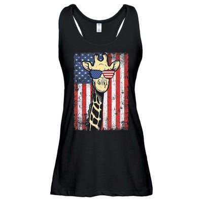 USA Flag Patriotic Giraffe Sunglasses Funny Animal Lover Ladies Essential Flowy Tank