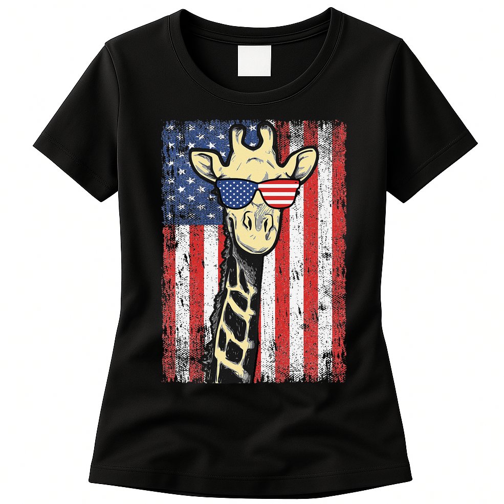 USA Flag Patriotic Giraffe Sunglasses Funny Animal Lover Womens T-Shirt