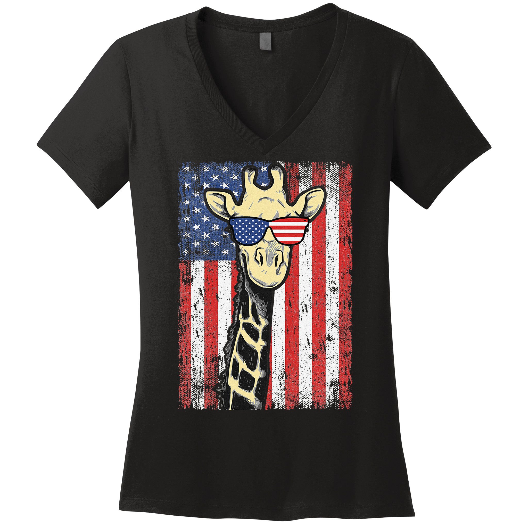 USA Flag Patriotic Giraffe Sunglasses Funny Animal Lover Women's V-Neck T-Shirt