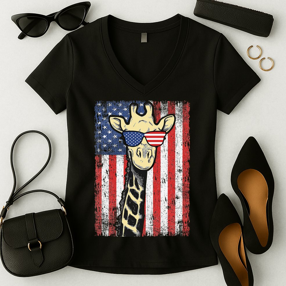 USA Flag Patriotic Giraffe Sunglasses Funny Animal Lover Women's V-Neck T-Shirt