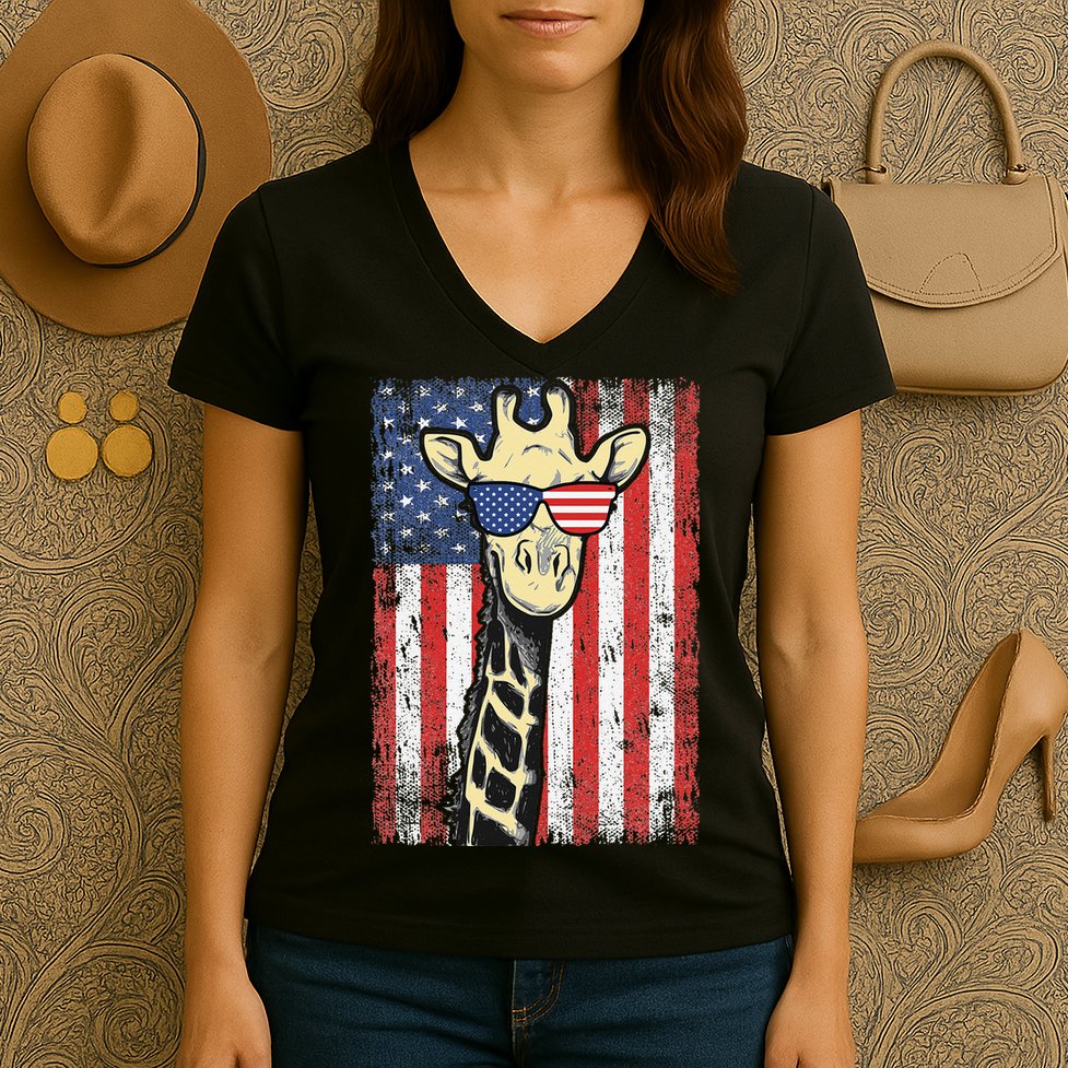 USA Flag Patriotic Giraffe Sunglasses Funny Animal Lover Women's V-Neck T-Shirt