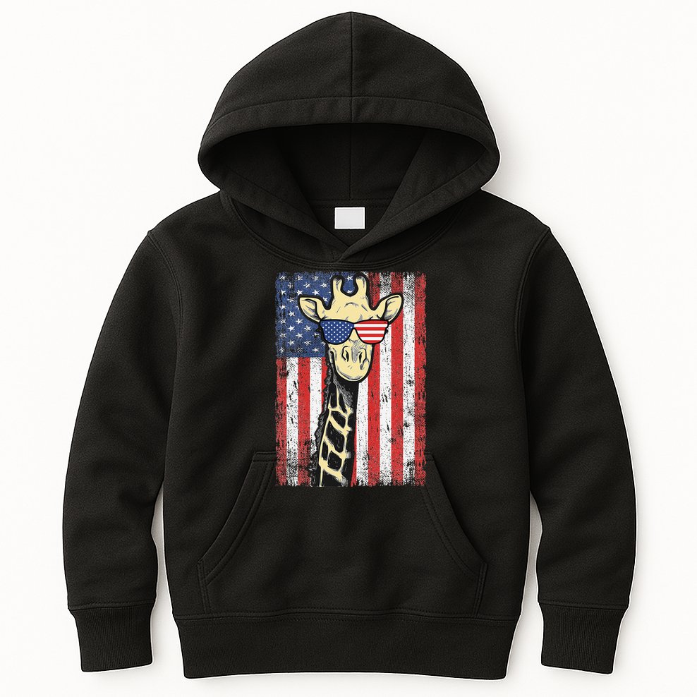USA Flag Patriotic Giraffe Sunglasses Funny Animal Lover Kids Hoodie