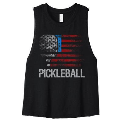 US Flag Pickleball Player Paddleball Lover Women's Racerback Cropped Tank