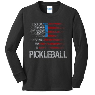 US Flag Pickleball Player Paddleball Lover Kids Long Sleeve Shirt