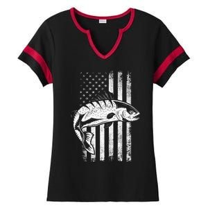 USA Flag Patriotic American Fisherman Hobby Fishing Ladies Halftime Notch Neck Tee