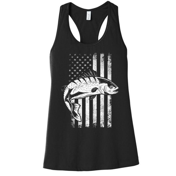 USA Flag Patriotic American Fisherman Hobby Fishing Women's Racerback Tank