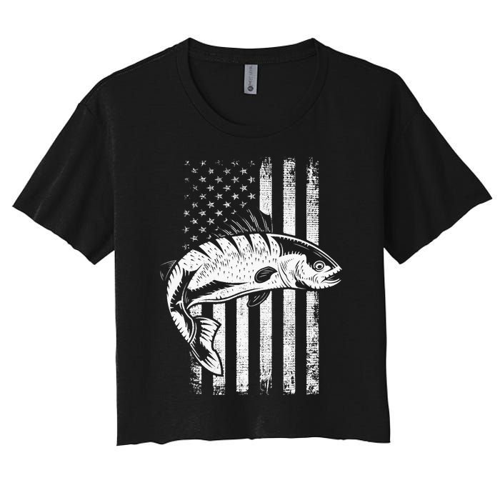 USA Flag Patriotic American Fisherman Hobby Fishing Women's Crop Top Tee