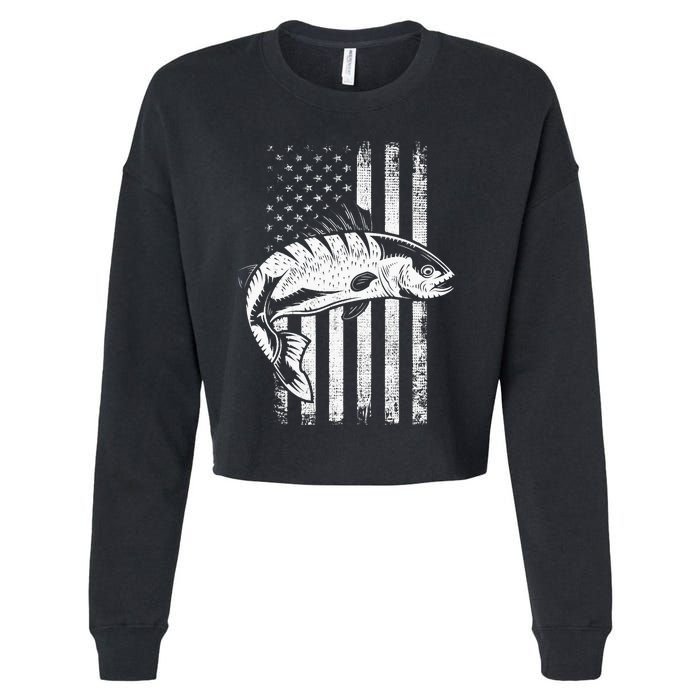 USA Flag Patriotic American Fisherman Hobby Fishing Cropped Pullover Crew