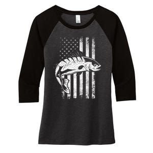 USA Flag Patriotic American Fisherman Hobby Fishing Women's Tri-Blend 3/4-Sleeve Raglan Shirt