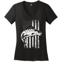 USA Flag Patriotic American Fisherman Hobby Fishing Women's V-Neck T-Shirt