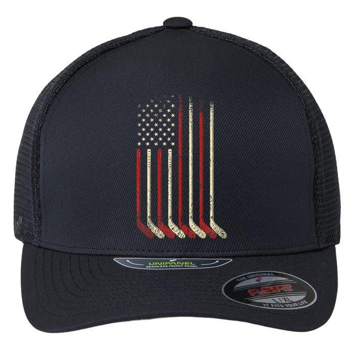 US Flag Patriotic American Hockey Player Ice Hockey Flexfit Unipanel Trucker Cap