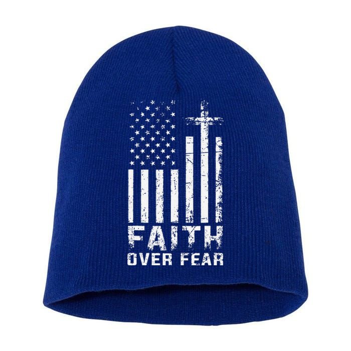 USA Flag Patriotic American Gift Faith Over Fear Prayer Short Acrylic Beanie