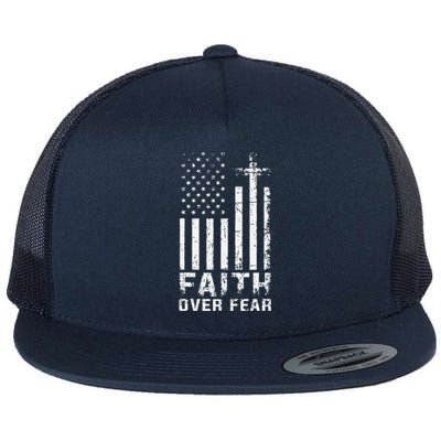 USA Flag Patriotic American Gift Faith Over Fear Prayer Flat Bill Trucker Hat