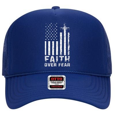 USA Flag Patriotic American Gift Faith Over Fear Prayer High Crown Mesh Back Trucker Hat