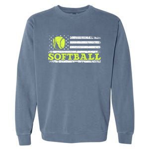 Usa Flag Patriotic Softball Player American Sport Softball Gift Garment-Dyed Sweatshirt