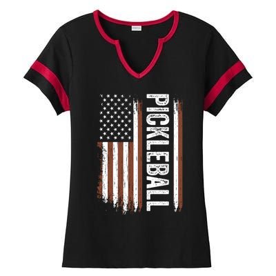 Us Flag Pickleball Player Vintage Pickle Ball Lover Usa Flag Gift Ladies Halftime Notch Neck Tee