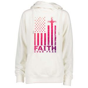 Usa Flag Patriotic American Gift Faith Over Fear Prayer Gift Womens Funnel Neck Pullover Hood