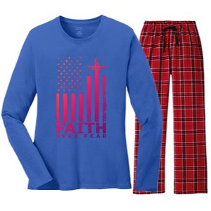 Usa Flag Patriotic American Gift Faith Over Fear Prayer Gift Women's Long Sleeve Flannel Pajama Set 