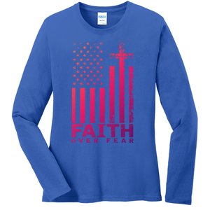 Usa Flag Patriotic American Gift Faith Over Fear Prayer Gift Ladies Long Sleeve Shirt