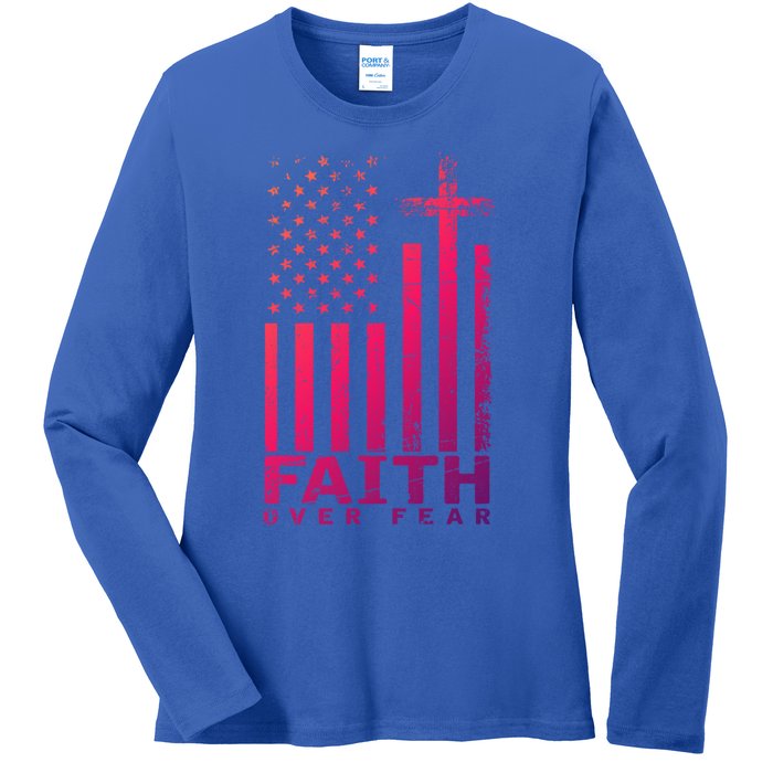 Usa Flag Patriotic American Gift Faith Over Fear Prayer Gift Ladies Long Sleeve Shirt