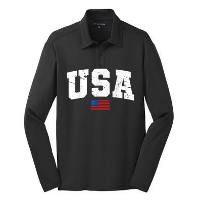 USA Flag Patriotic 4th Of July America Day Of Independence Silk Touch Performance Long Sleeve Polo