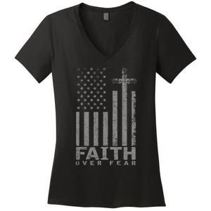 Usa Flag Patriotic American Faith Over Fear Prayer Women's V-Neck T-Shirt