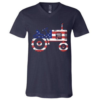 USA Flag Patriotic Tractor American Farmer V-Neck T-Shirt