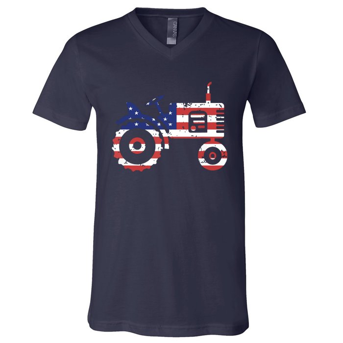 USA Flag Patriotic Tractor American Farmer V-Neck T-Shirt