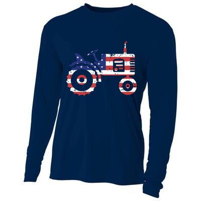 USA Flag Patriotic Tractor American Farmer Cooling Performance Long Sleeve Crew