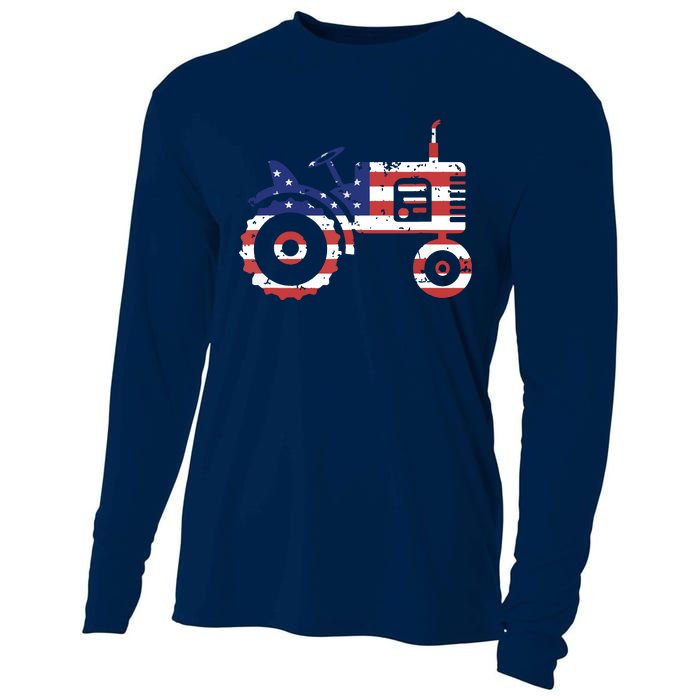 USA Flag Patriotic Tractor American Farmer Cooling Performance Long Sleeve Crew