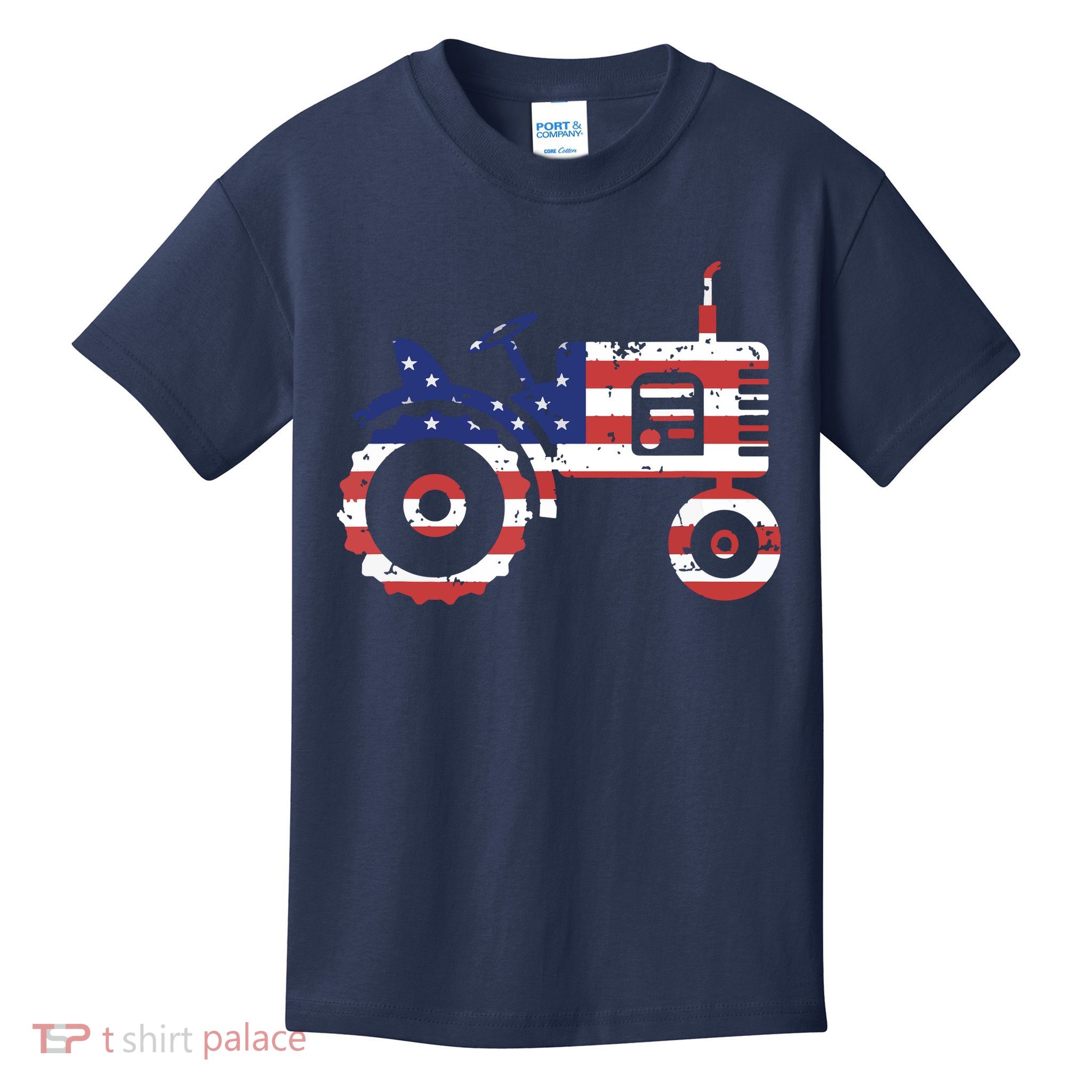 USA Flag Patriotic Tractor American Farmer Kids T-Shirt