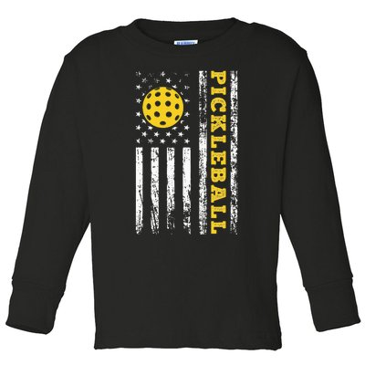 US Flag Pickleball Player Paddleball Lover Toddler Long Sleeve Shirt