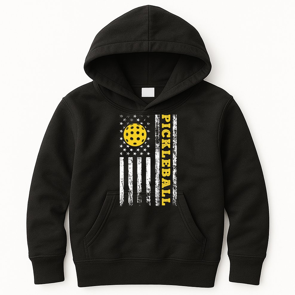 US Flag Pickleball Player Paddleball Lover Kids Hoodie