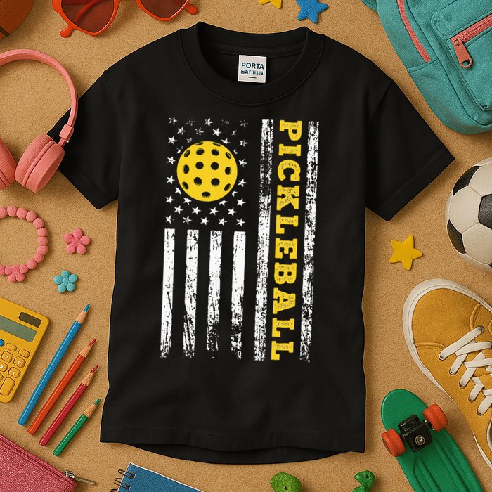 US Flag Pickleball Player Paddleball Lover Kids T-Shirt