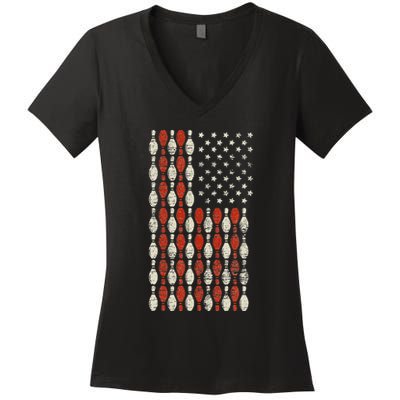 Us Flag Patriotic Proud American Bowler Gift Bowling Women's V-Neck T-Shirt
