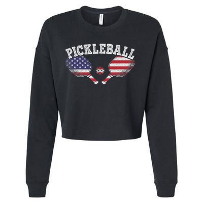Us Flag Pickleball Player Vintage Pickle Ball Lover Cropped Pullover Crew