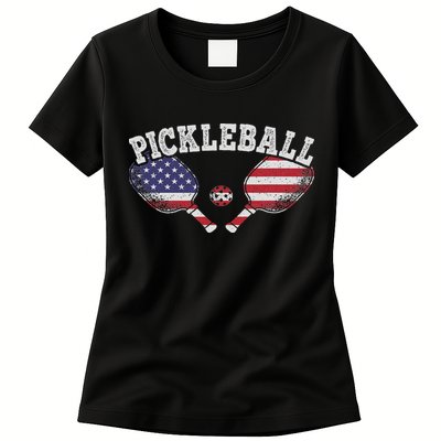 Us Flag Pickleball Player Vintage Pickle Ball Lover Womens T-Shirt