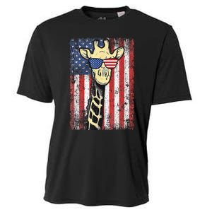 USA Flag Patriotic Giraffe Sunglasses Funny Animal Lover Cooling Performance Crew T-Shirt